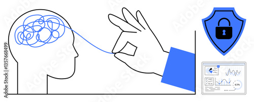 Hand unravels tangled thoughts from brain, shield with lock symbolizes security. Ideal for mental clarity, problem-solving, cybersecurity, analytics, trust, data science productivity. Flat simple