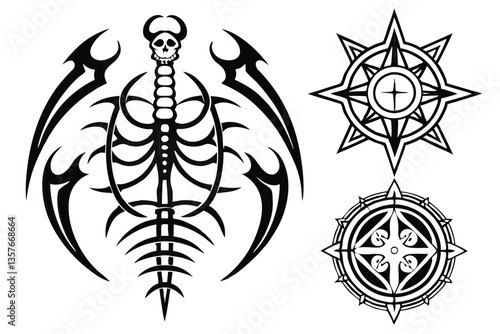 20 Dark tribal tattoo designs, gothic symmetrical patterns, intricate black and white illustrations, biomechanical skeletal motifs, sharp spiky shapes, ornate vertical emblems, mystical symbolic icons