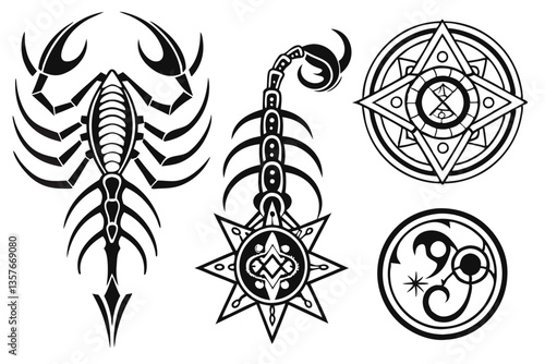 20 Dark tribal tattoo designs, gothic symmetrical patterns, intricate black and white illustrations, biomechanical skeletal motifs, sharp spiky shapes, ornate vertical emblems, mystical symbolic icons