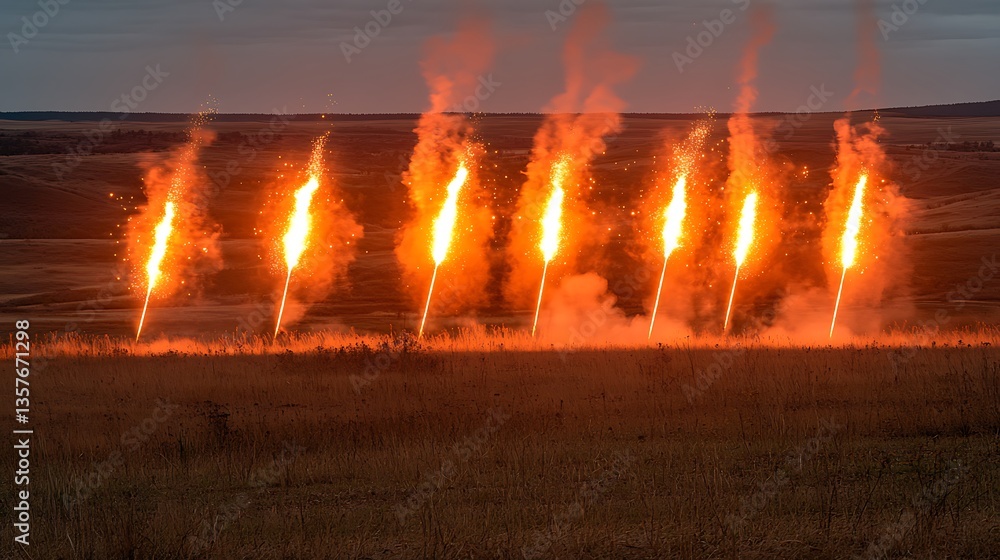 Fototapeta premium Burning flares illuminated on a field at twilight with a dusky sky
