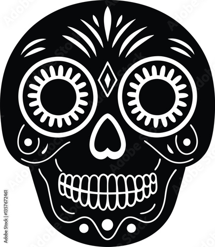 Intricate Skull Silhouette, Floral Eyes, Diamond Forehead, Dia de Muertos Design