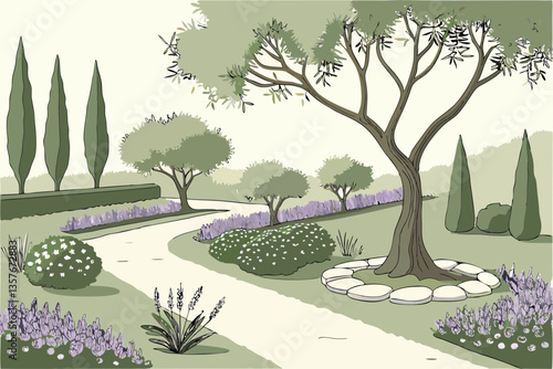 22 Mediterranean garden, olive trees, lavender bushes, gravel path, topiary spheres, white pebbles, purple flowers, green foliage, symmetrical layout, landscaped design, tranquil atmosphere, drought-r