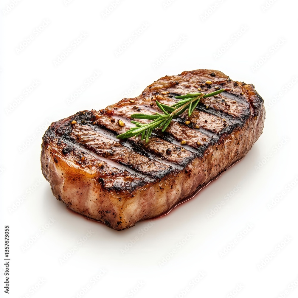 Grilled steak with rosemary sprig on white background. Juicy, brown, and perfectly cooked meat Grilled steak with rosemary sprig on white background. Juicy, brown, and perfectly cooked meat