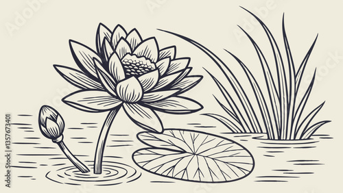 Lotus flower illustration in monochrome style representing purity  