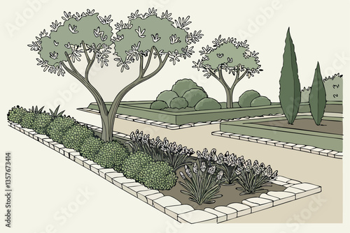 22 Mediterranean garden, olive trees, lavender bushes, gravel path, topiary spheres, white pebbles, purple flowers, green foliage, symmetrical layout, landscaped design, tranquil atmosphere, drought-r