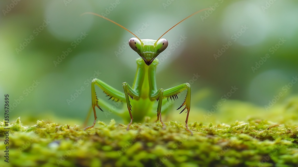 A green mantis predator, an isolated insect with macro eyes, amidst nature's wild grass A green mantis predator, an isolated insect with macro eyes, amidst nature's wild grass