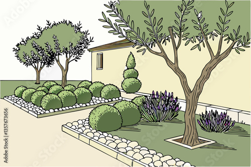 22 Mediterranean garden, olive trees, lavender bushes, gravel path, topiary spheres, white pebbles, purple flowers, green foliage, symmetrical layout, landscaped design, tranquil atmosphere, drought-r