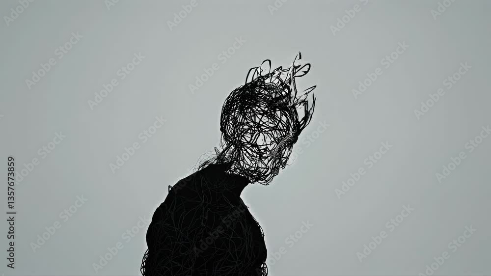 Abstract video concept with a side profile silhouette of a person, head filled with chaotic lines. Shot from a side angle, minimalist style. Live desktop wallpaper.