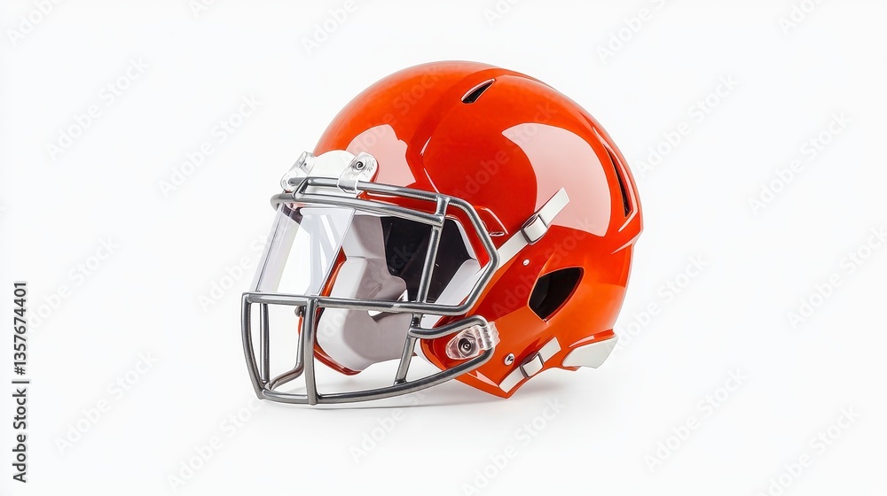 Fototapeta premium Close up view of an orange football helmet with a clear facemask against a white background. The helmet is shiny and