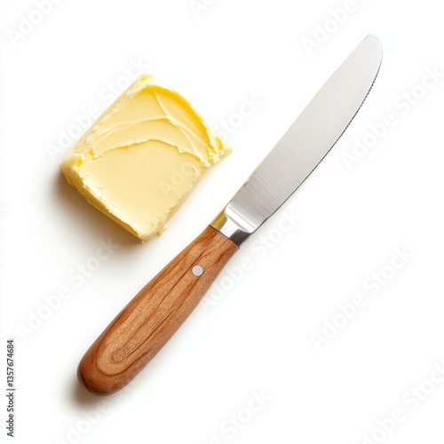 Pale yellow butter pat and butter knife on white background. Top view