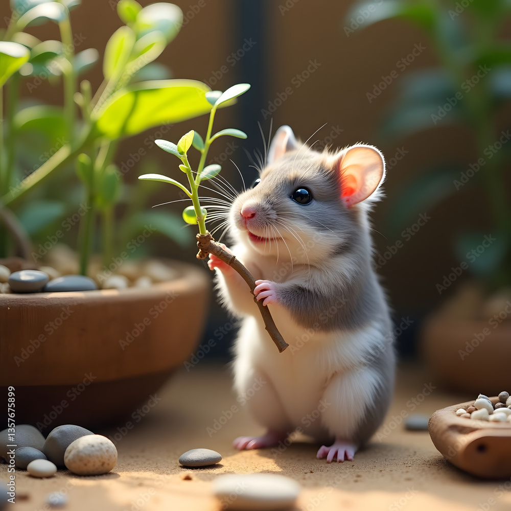 Obraz premium Adorable Hamster with a Leaf