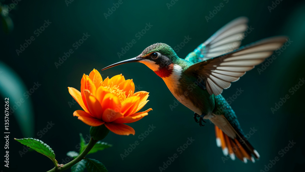 Naklejka premium bright hummingbird bird over a flower on a dark background