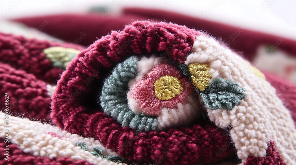 Naklejka premium Rolled up textile with floral embroidery visible in a close up view