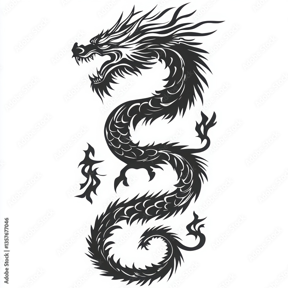 Bold and dynamic illustration of a stylized black dragon with intricate details, coiled posture, and flowing mane against a white Bold and dynamic illustration of a stylized black dragon with intricate details, coiled posture, and flowing mane against a white