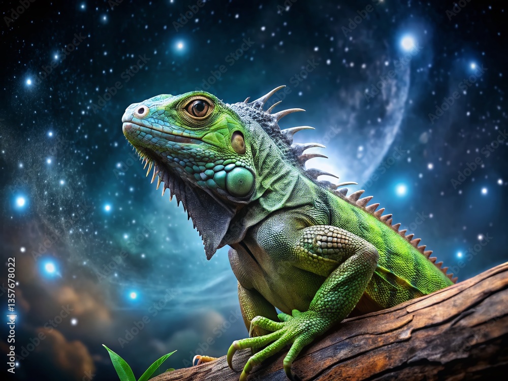Night Iguana: Reptilian Majesty Under Starry Sky Night Iguana: Reptilian Majesty Under Starry Sky