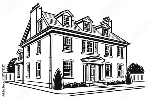 25 Black and white illustration, Georgian-style house, symmetrical facade, three dormer windows, four chimneys, double-story building, ornate windows, central front door, topiary trees, detailed archi