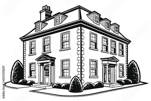 25 Black and white illustration, Georgian-style house, symmetrical facade, three dormer windows, four chimneys, double-story building, ornate windows, central front door, topiary trees, detailed archi