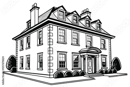 25 Black and white illustration, Georgian-style house, symmetrical facade, three dormer windows, four chimneys, double-story building, ornate windows, central front door, topiary trees, detailed archi
