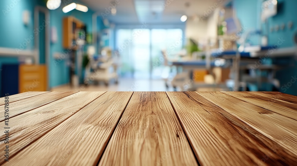 Rustic empty wooden table with blurred hospital interior. Medical equipment and sterile environment suggest a clinical, professional atmosphere. Rustic empty wooden table with blurred hospital interior. Medical equipment and sterile environment suggest a clinical, professional atmosphere.