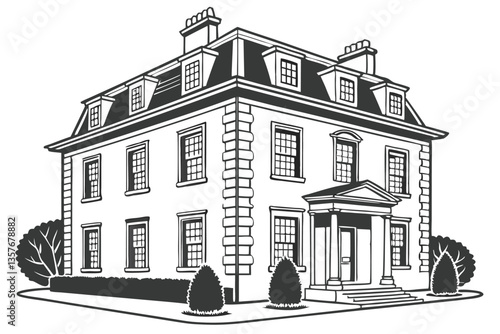 25 Black and white illustration, Georgian-style house, symmetrical facade, three dormer windows, four chimneys, double-story building, ornate windows, central front door, topiary trees, detailed archi