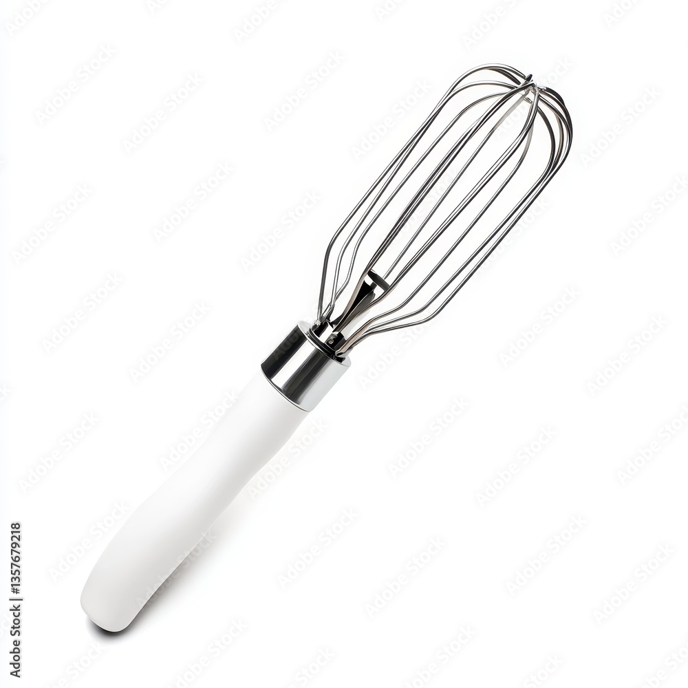 Obraz premium White handled whisk on white background, stainless steel wires, kitchen utensil, cooking tool, baking tool, close up