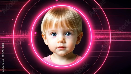 Neon Portrait of a Baby Girl in a Futuristic Frame