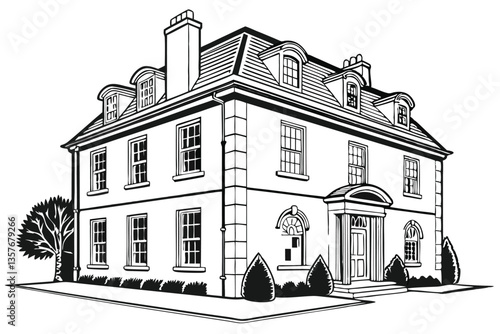 25 Black and white illustration, Georgian-style house, symmetrical facade, three dormer windows, four chimneys, double-story building, ornate windows, central front door, topiary trees, detailed archi