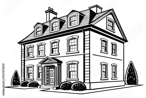 25 Black and white illustration, Georgian-style house, symmetrical facade, three dormer windows, four chimneys, double-story building, ornate windows, central front door, topiary trees, detailed archi