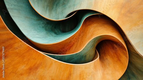 Fototapeta Naklejka Na Ścianę i Meble -  Abstract 3D wave pattern with fluid turquoise and orange curves on textured wood surface, modern flowing background for design, interior decor, branding, packaging, digital art, posters