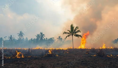 Fototapeta Naklejka Na Ścianę i Meble -  Palm forest fire with smoke, and haze.