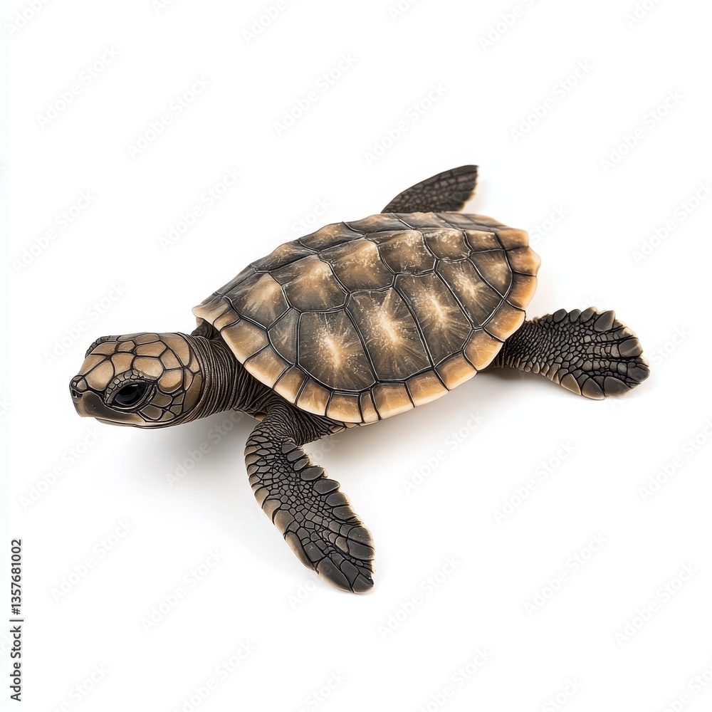 Obraz premium Close up of a baby sea turtle on a white background. The turtle is brown and tan with dark markings