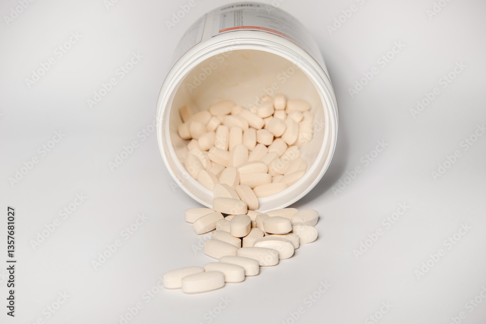 Tablets of vitamins and amino acids on a light table poured out of a large jar Tablets of vitamins and amino acids on a light table poured out of a large jar