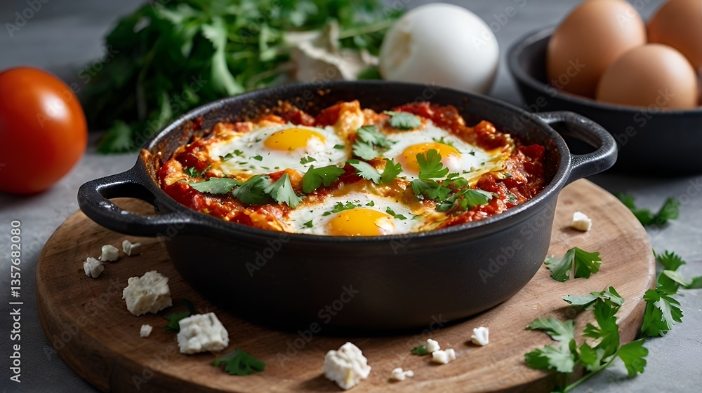 A vibrant shakshuka in a pan – eggs baked in a tomato sauce with paprika and onions, topped with cilantro leaves and crumbled feta A vibrant shakshuka in a pan – eggs baked in a tomato sauce with paprika and onions, topped with cilantro leaves and crumbled feta