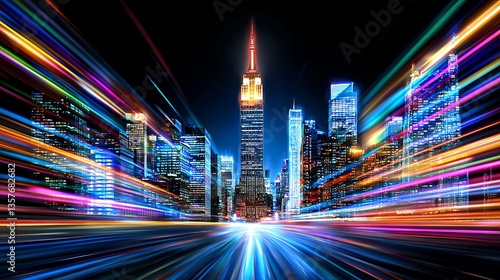 Dynamic City Nightscape with Vibrant Light Trails and Towering Skyscrapers