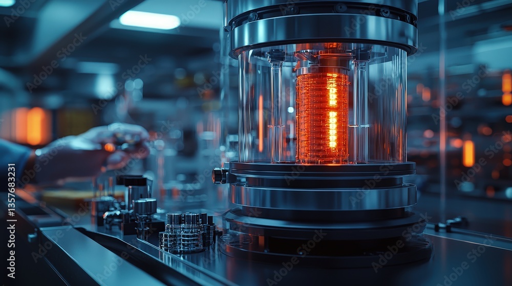 A research scientist working on carbon capture technology in a laboratory with advanced instruments.