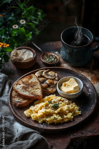A rustic and delicious breakfast spread with scrambled eggs, toast, and mushrooms. photo