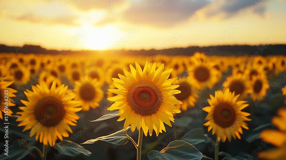 Fototapeta premium Golden sunset over a sunflower field