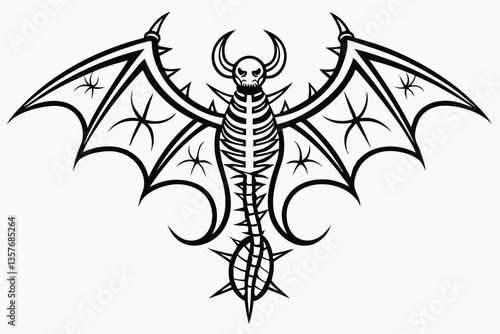 26 gothic spine tattoo, intricate black design, symmetrical pattern, sharp points, vertebrae-inspired, dark and edgy, biomechanical aesthetic, vertical orientation, high contrast, minimalist style, tr