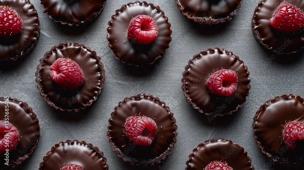 Chocolate raspberry tarts with glossy surface and fresh garnish, elegant pastry perfect for patisserie or editorial food