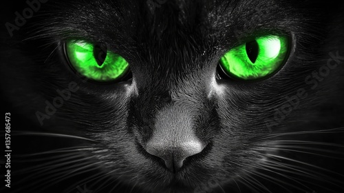 Portrait of a black cat with green eyes. Close up. Mystical, magic cat.