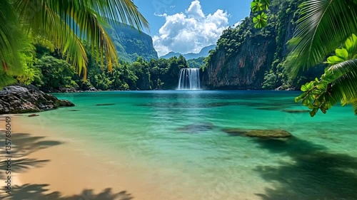Tropical beach with waterfall cascading into turquoise water