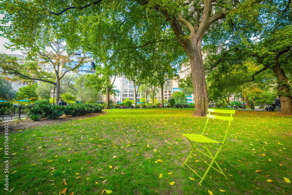 Green chair in Union Square park in Greenwich Village