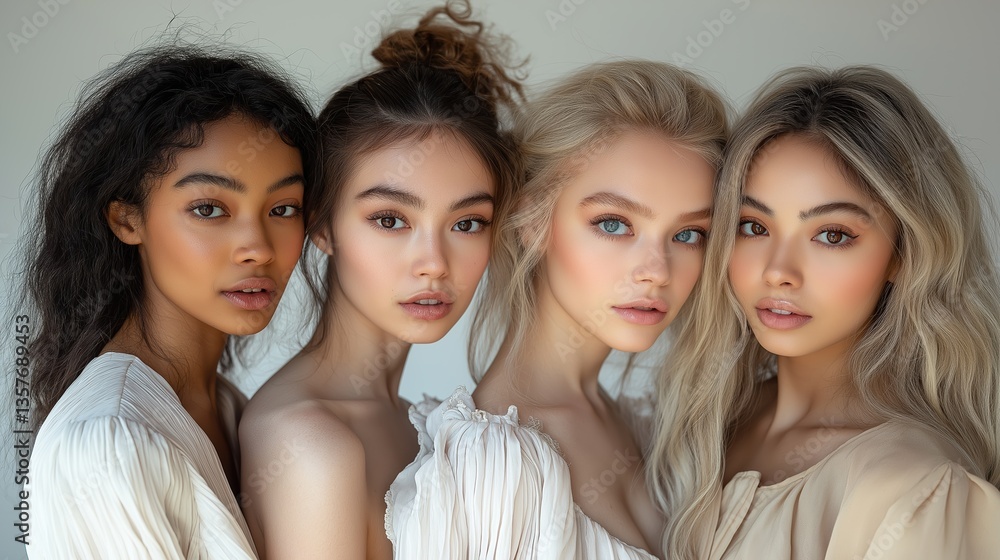 Four young women with unique hairstyles and features stand closely together against a soft background, highlighting their diverse beauty. The lighting emphasizes their natural makeup and expressions Four young women with unique hairstyles and features stand closely together against a soft background, highlighting their diverse beauty. The lighting emphasizes their natural makeup and expressions