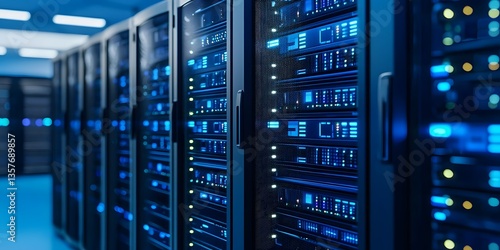 Rows of server racks in a modern data center