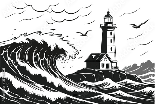 29 lighthouse in stormy sea, dramatic waves crashing, black and white illustration, detailed ink drawing, vintage nautical style, high contrast, birds flying, turbulent ocean, maritime scene, monochro