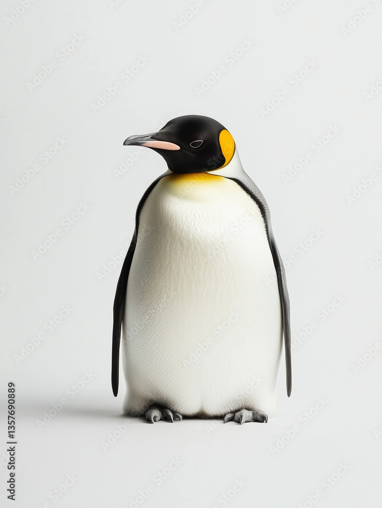 Obraz premium A full-body studio shot of a King Penguin against a bright white background. The image is sharply focused, showcasing the bird’s distinct features: its black back and wings, creamy white chest and