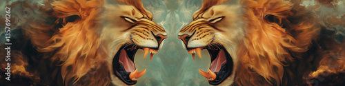 A digital painting depicting two lion heads in a mirrored composition.  The lions are rendered with a painterly style, showcasing detailed textures in their fur and a focus on the expressive