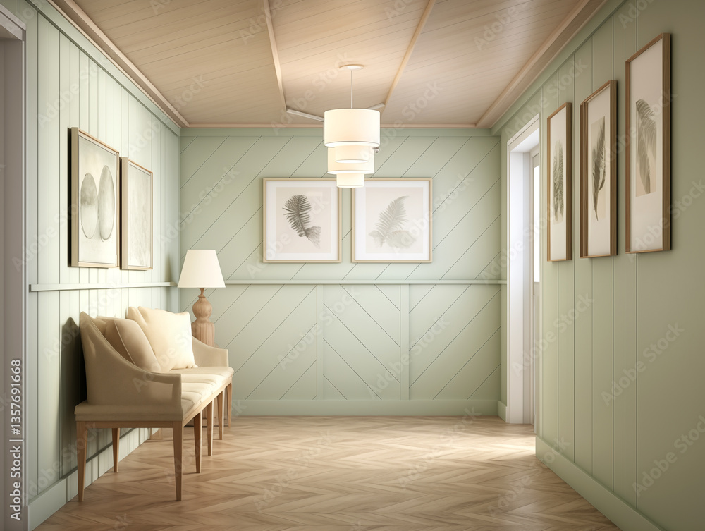 Obraz premium Modern hallway with wall panelling in neutral and light sage. Hall with wood panels, minimalist natural wood furniture and artwork on the wall.