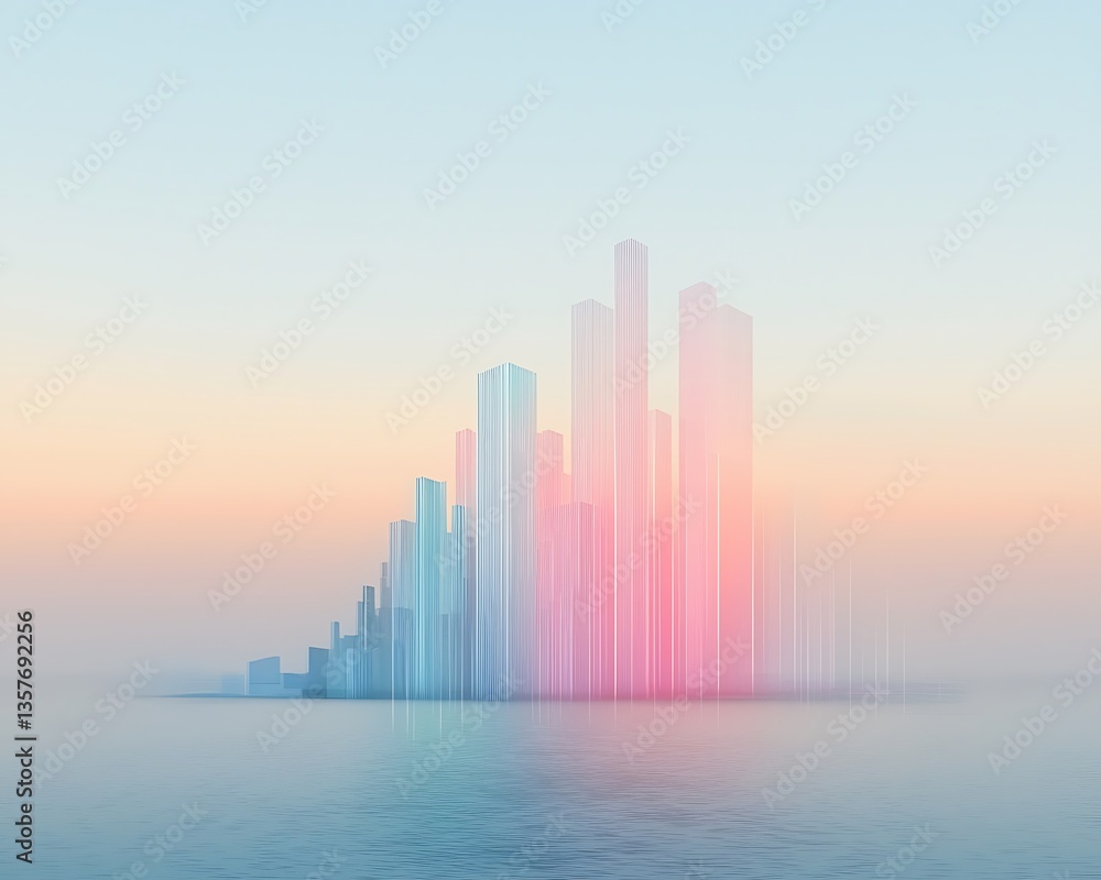Fototapeta premium Pastel Cityscape Sunrise for Foggy Sea.