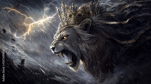 The digital artwork depicts a powerful lion, adorned with a crown composed of intertwined branches and leaves, positioned against a backdrop of a dramatic, stormy landscape.  The lion's mane is
